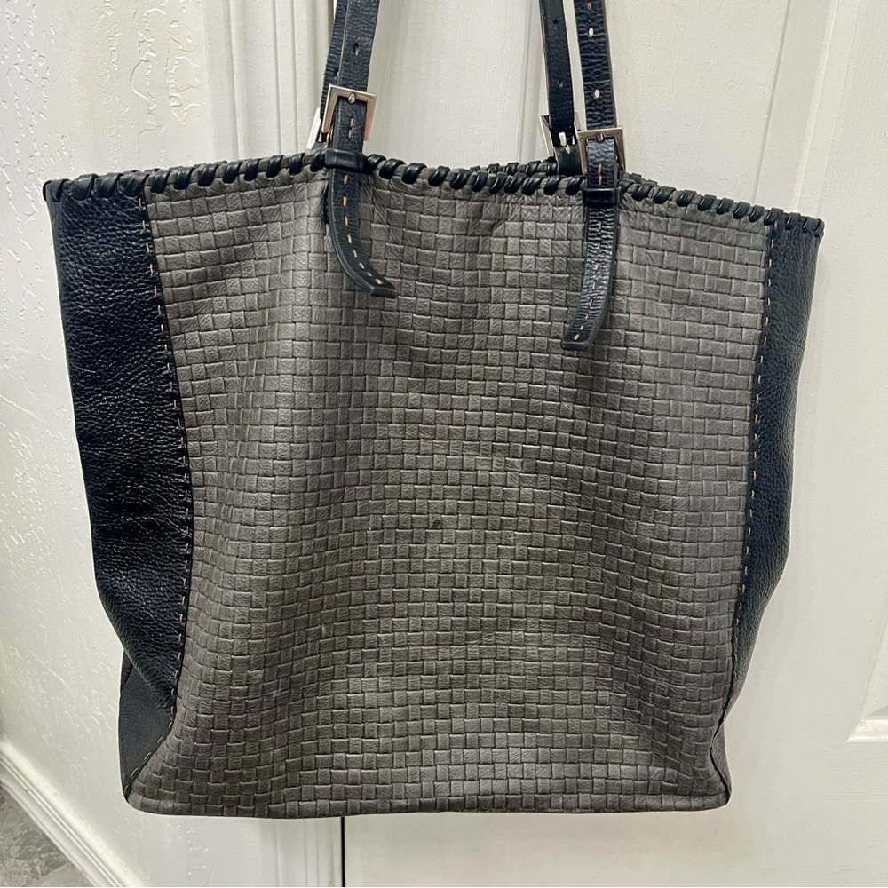 🖤🩶 Carla Mancini Large Leather Woven Tote Bag Purse Black Grey Whipstitch - Picture 2 of 15